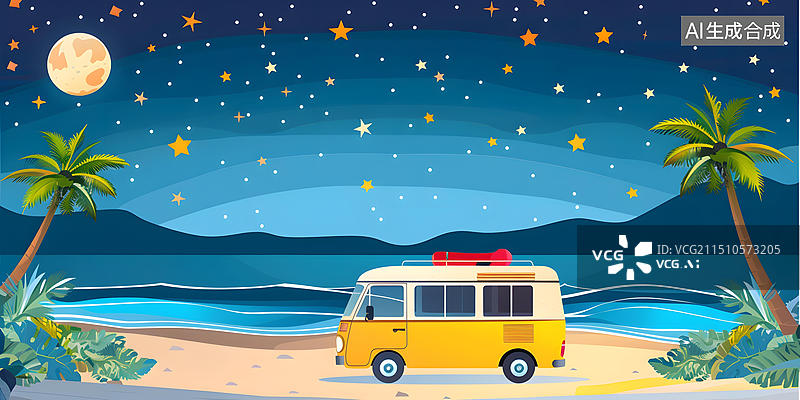 【AI数字艺术】夜晚沙滩风景插画，黄色的露营车图片素材
