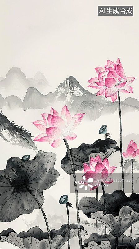 【AI数字艺术】写意荷花山水图图片素材