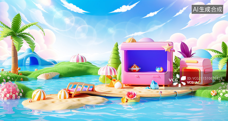 【AI数字艺术】微缩景观夏天的海滩图片素材