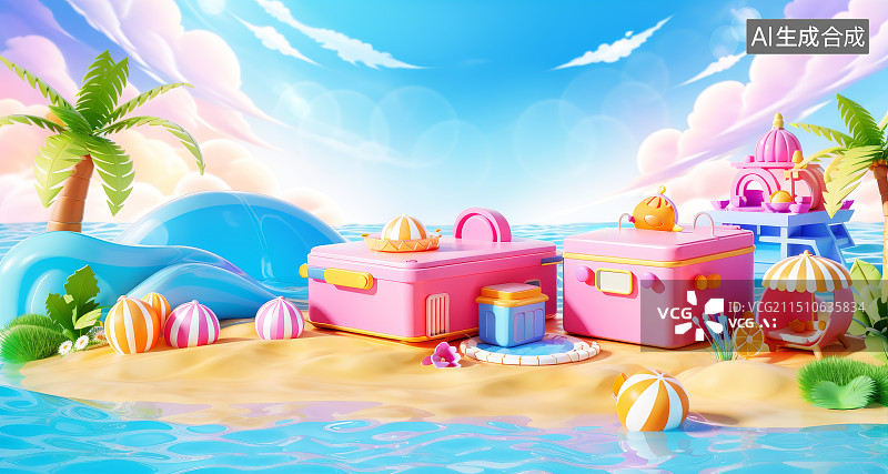 【AI数字艺术】微缩景观夏天的海滩图片素材