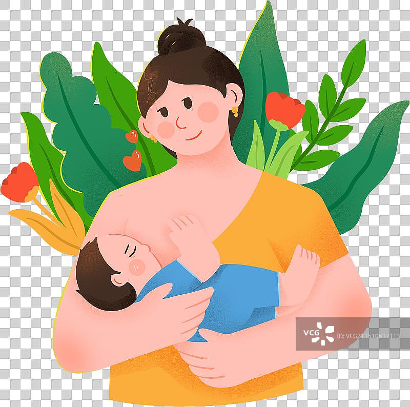 丸子头宝妈母乳喂养免抠绿叶花朵背景图片素材