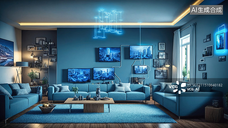 【AI数字艺术】现代蓝色调客厅艺术与科技融合图片素材