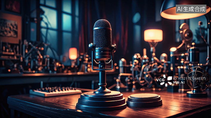 【AI数字艺术】复古录音棚内部专业设备展示图片素材