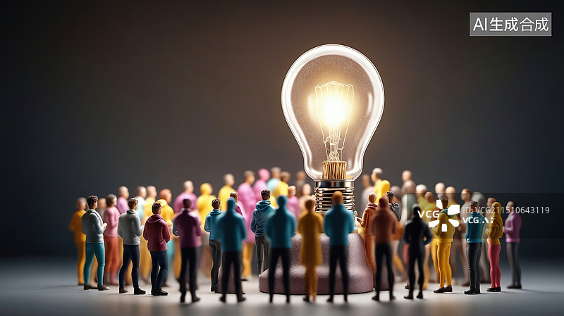 【AI数字艺术】创意火花：多彩小人围聚灯泡下的交流瞬间图片素材