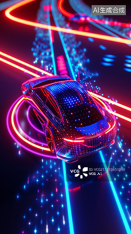 【AI数字艺术】3D自动驾驶无人驾驶汽车芯片概念自动化汽车在路面行驶的霓虹灯赛博朋克风渲染科技竖幅海报背景图片素材