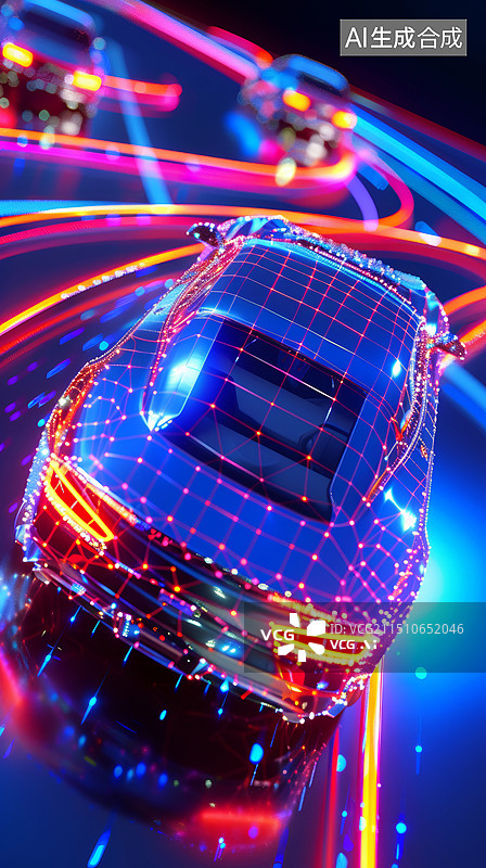 【AI数字艺术】3D自动驾驶无人驾驶汽车芯片概念自动化汽车在路面行驶的霓虹灯赛博朋克风渲染科技竖幅海报背景图片素材