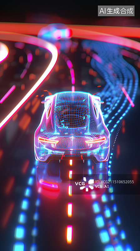 【AI数字艺术】3D自动驾驶无人驾驶汽车芯片概念自动化汽车在路面行驶的霓虹灯赛博朋克风渲染科技竖幅海报背景图片素材
