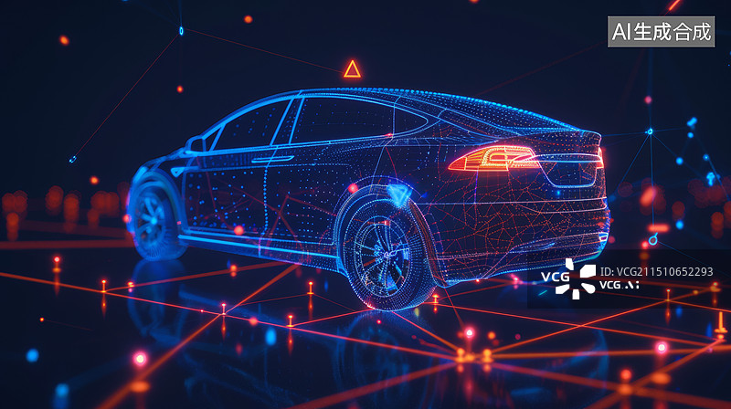 【AI数字艺术】3D自动驾驶无人驾驶汽车芯片概念5G汽车在云计算粒子中自适应感知环境感知的发光科技感背景图片素材