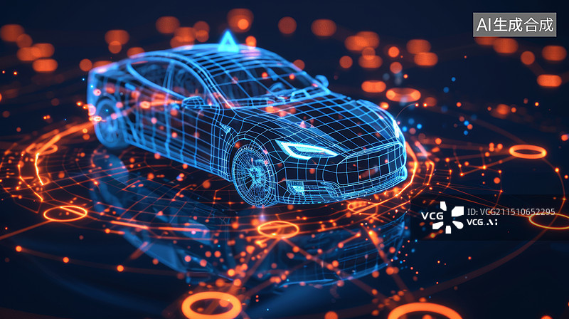 【AI数字艺术】3D自动驾驶无人驾驶汽车芯片概念5G汽车在云计算粒子中自适应感知环境感知的发光科技感背景图片素材