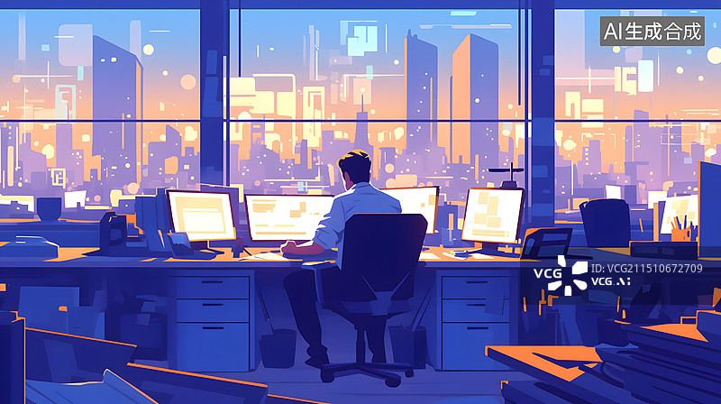 【AI数字艺术】办公室加班工作卡通插画图片素材