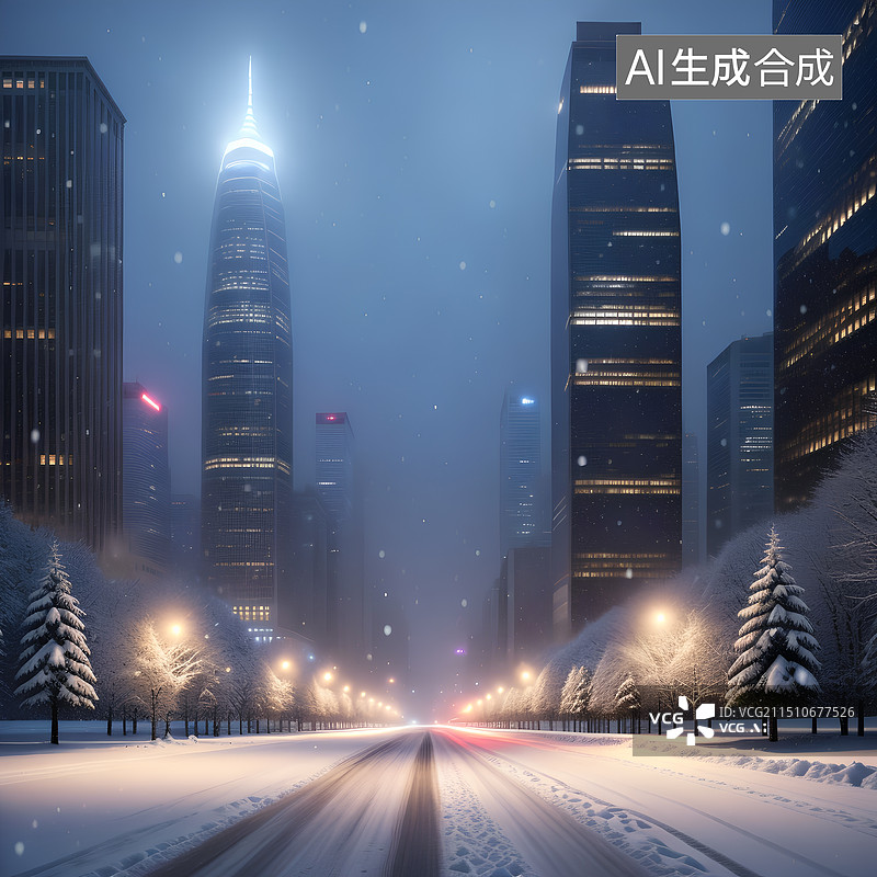 【AI数字艺术】雪景，夜晚，都市背景，高楼大厦图片素材