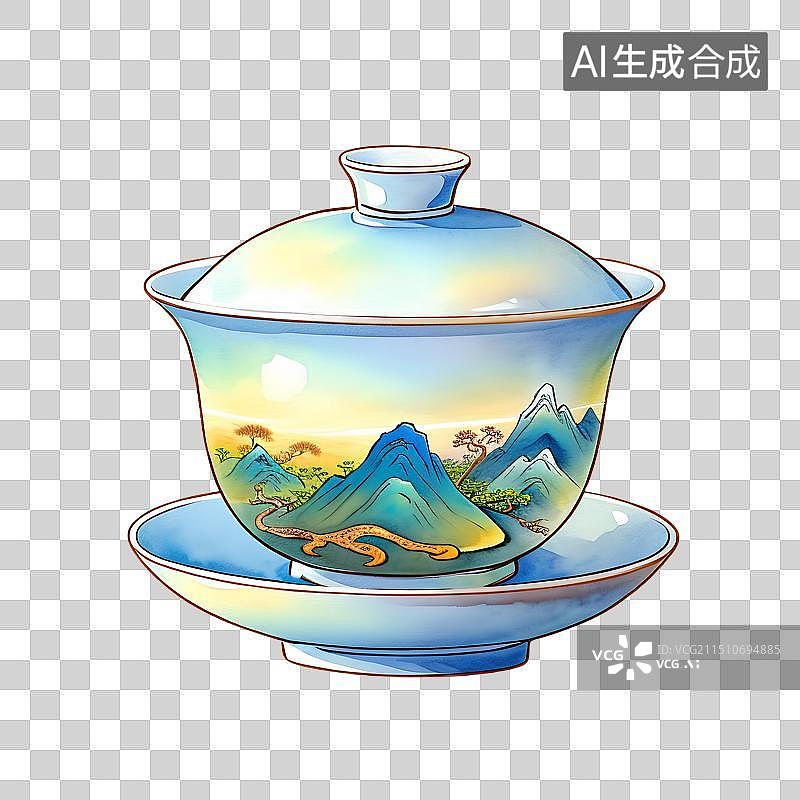 【AI数字艺术】国风手绘插画，一个盖碗，茶盏，茶杯茶具，瓷器，茶道，茶文化，喝茶饮茶图片素材