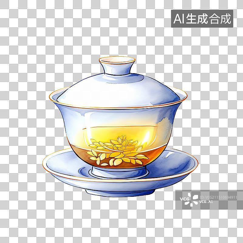【AI数字艺术】国风手绘插画，一个盖碗，茶盏，茶杯茶具，瓷器，茶道，茶文化，喝茶饮茶图片素材