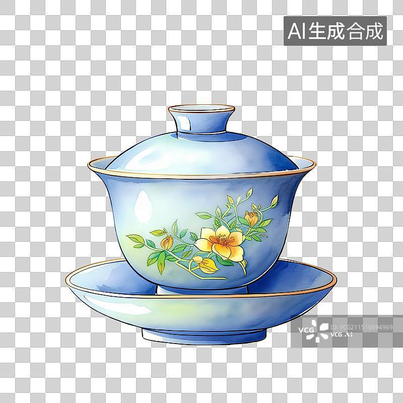 【AI数字艺术】国风手绘插画，一个盖碗，茶盏，茶杯茶具，瓷器，茶道，茶文化，喝茶饮茶图片素材