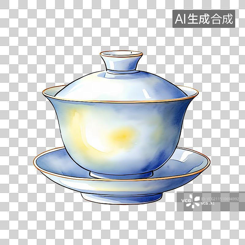 【AI数字艺术】国风手绘插画，一个盖碗，茶盏，茶杯茶具，瓷器，茶道，茶文化，喝茶饮茶图片素材