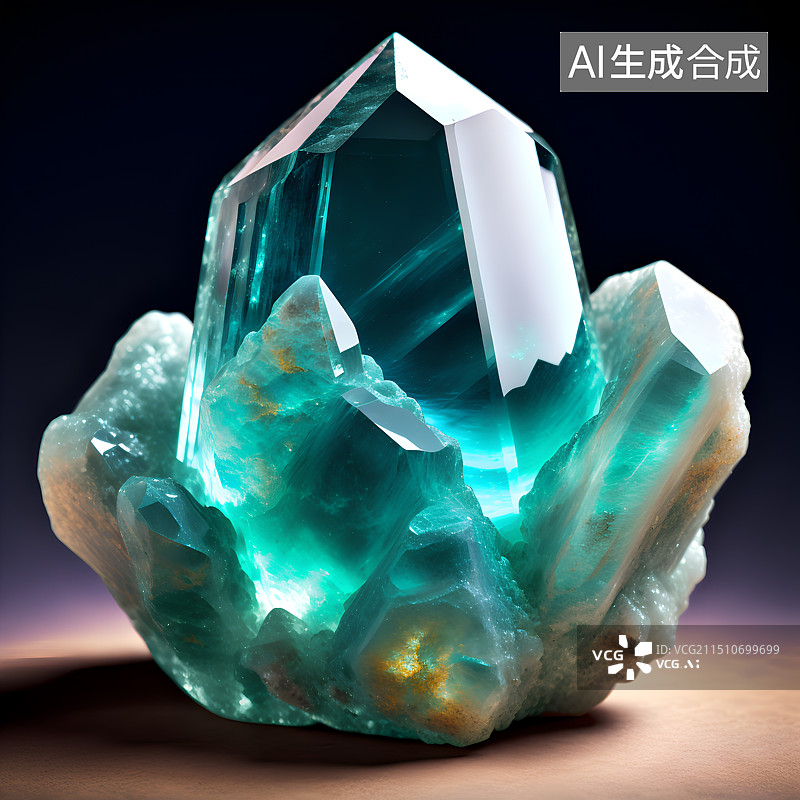 【AI数字艺术】发光的绿色宝石晶体矿石特写，绿水晶原石高清壁纸，背景图图片素材