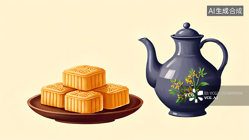 【AI数字艺术】国风手绘插画，桂花，酒壶，中秋节赏月，月饼，元宵节，传统节日图片素材