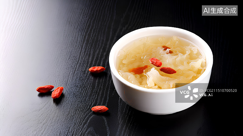 【AI数字艺术】黑色背景上的一碗加了枸杞的银耳羹，银耳，养生甜品，特写，中国传统美食图片素材