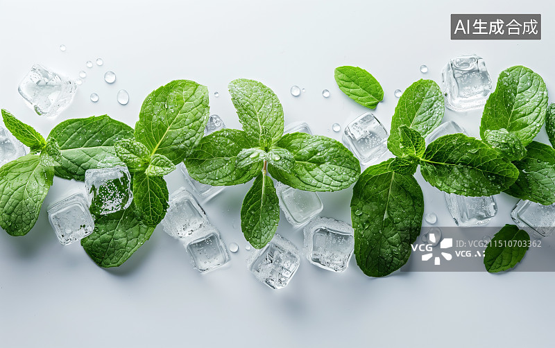 【AI数字艺术】夏日清爽背景冰块和薄荷叶图片素材