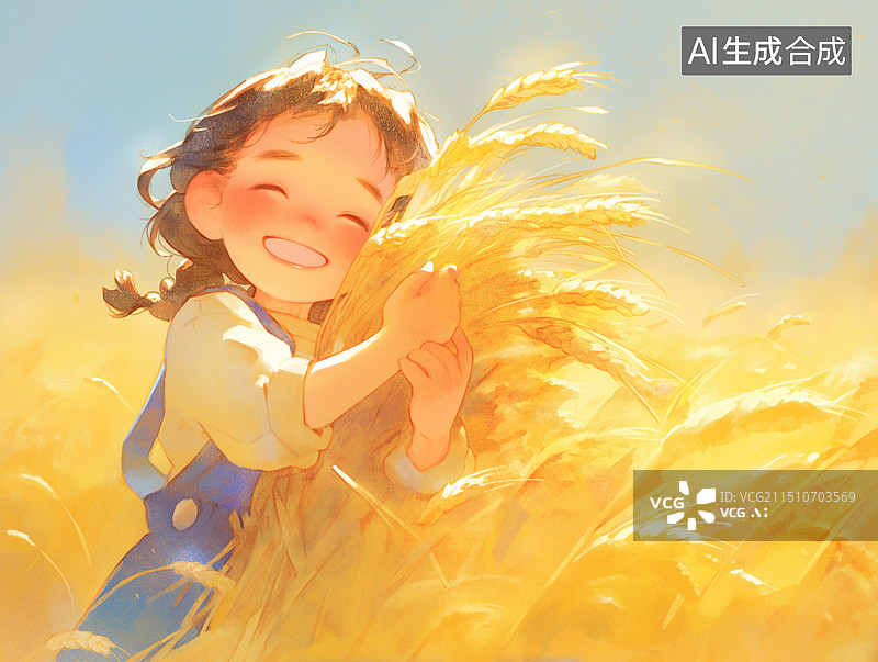 【AI数字艺术】一个快乐的小女孩抱着一捆麦穗图片素材