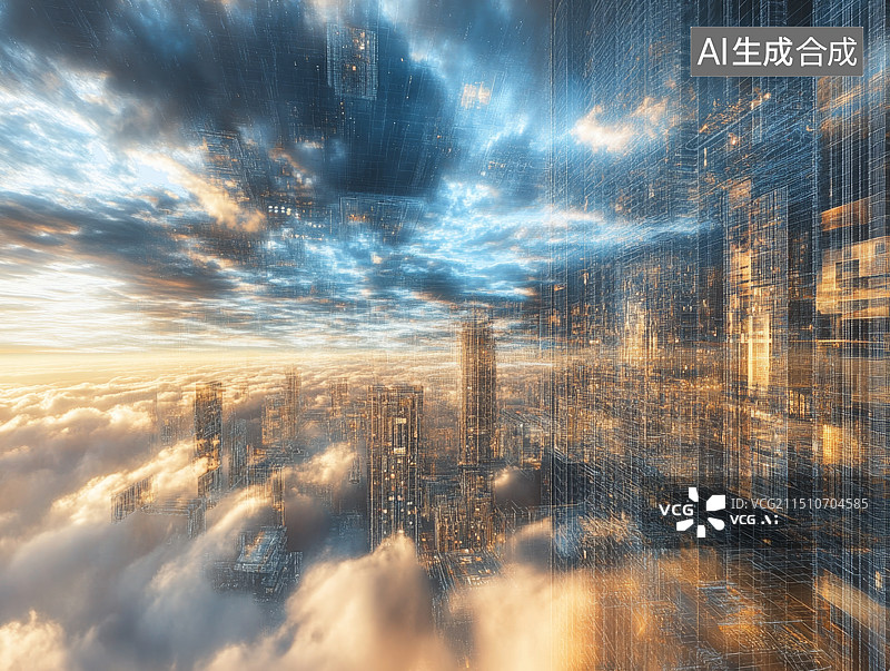 【AI数字艺术】科技感未来城市天际线背景，金融赛博朋克科技插画图片素材