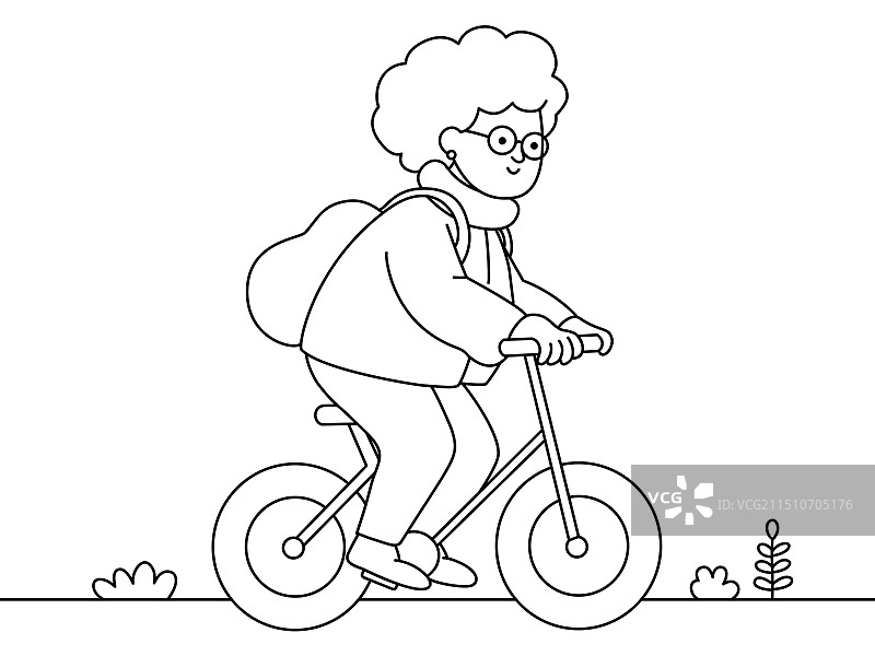 老奶奶骑自行车骑行老年人快乐的延迟退休生活银发经济概念矢量插画线稿图片素材