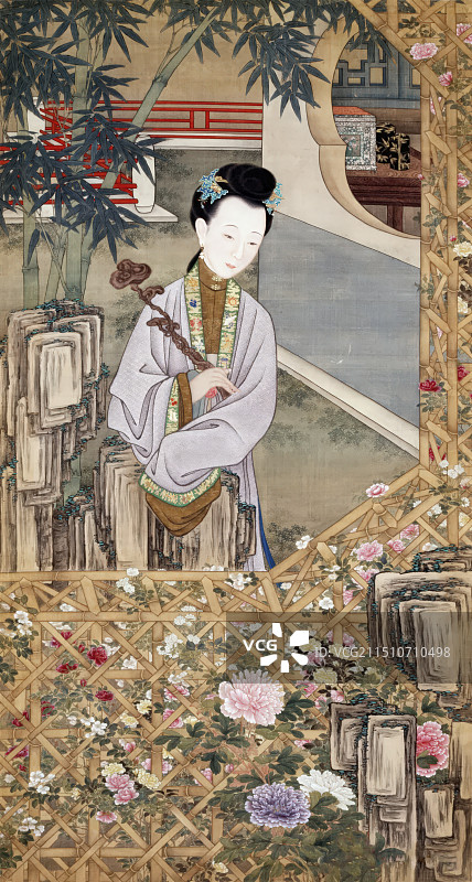 清代宫庭绘画，雍正十二美人，立持如意图片素材