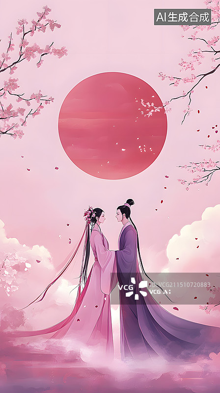 【AI数字艺术】传统中国风七夕情人节海报牛郎织女鹊桥相会插画图片素材