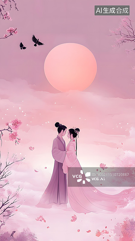 【AI数字艺术】传统中国风七夕情人节海报牛郎织女鹊桥相会插画图片素材