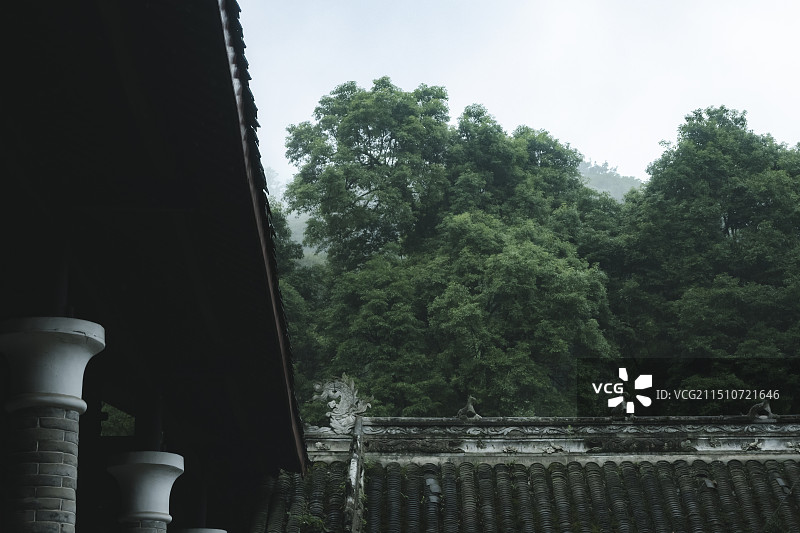 雾里山中古建筑寺庙小雨清幽自然光严禅院图片素材