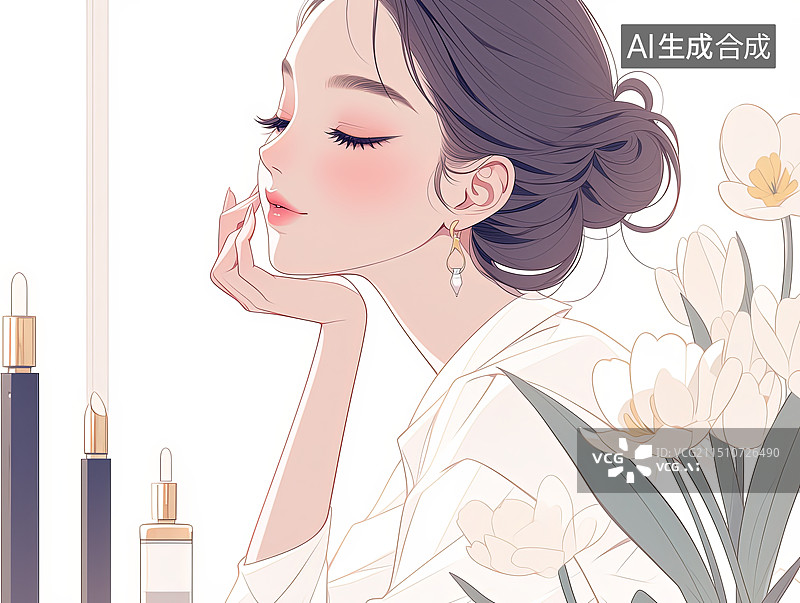 【AI数字艺术】妇女节 女性化妆插画 正在化妆的女孩图片素材