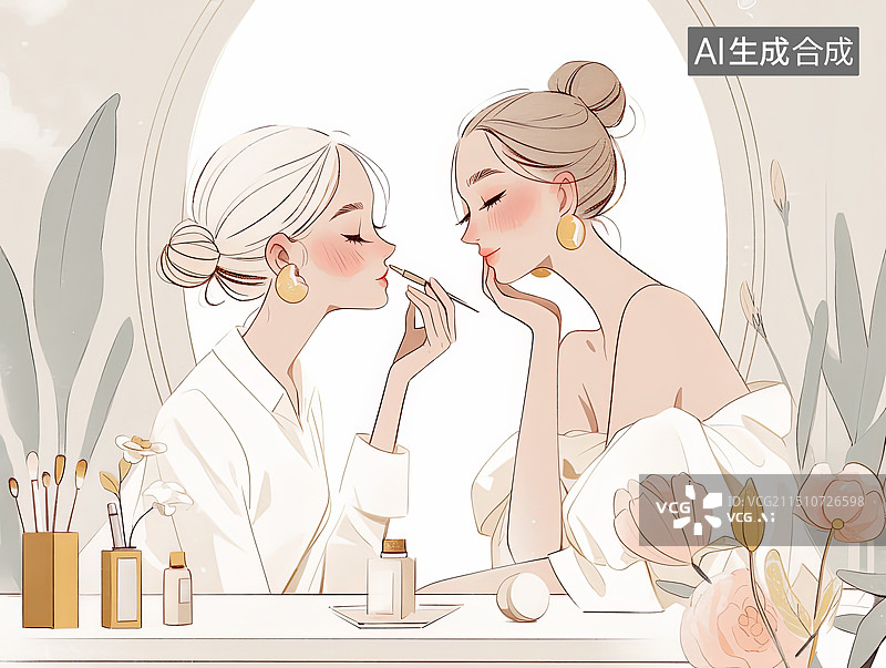 【AI数字艺术】妇女节 女性化妆插画 正在化妆的女孩图片素材