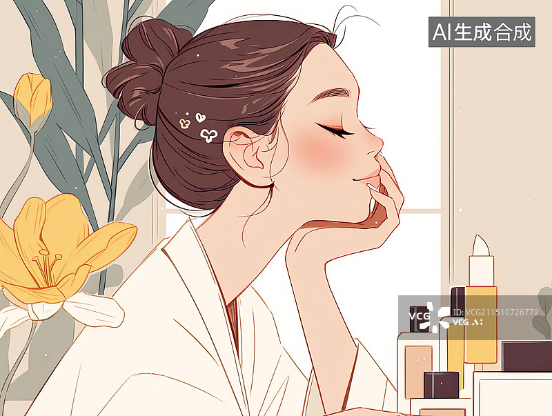 【AI数字艺术】妇女节 女性化妆插画 正在化妆的女孩图片素材