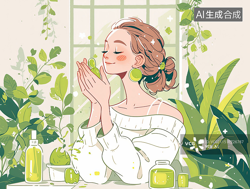 【AI数字艺术】妇女节 女性化妆插画 正在化妆的女孩图片素材