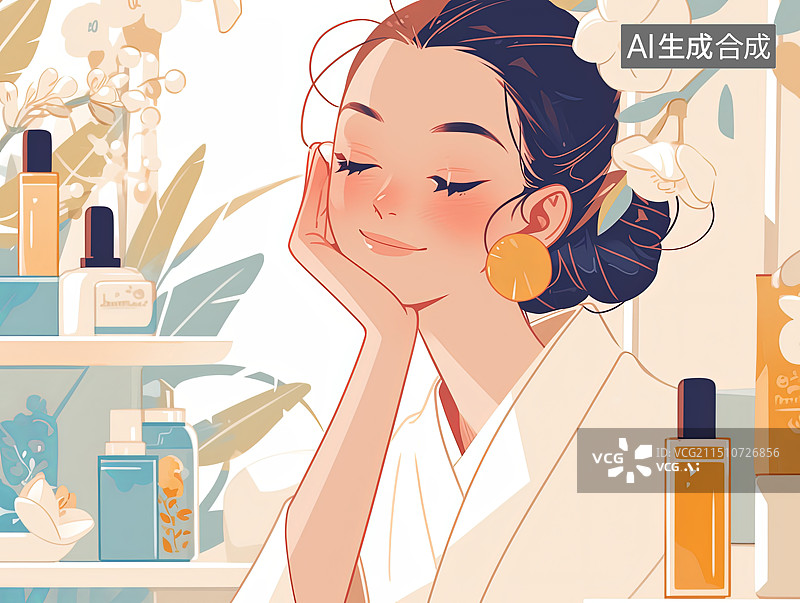 【AI数字艺术】妇女节 女性化妆插画 正在化妆的女孩图片素材