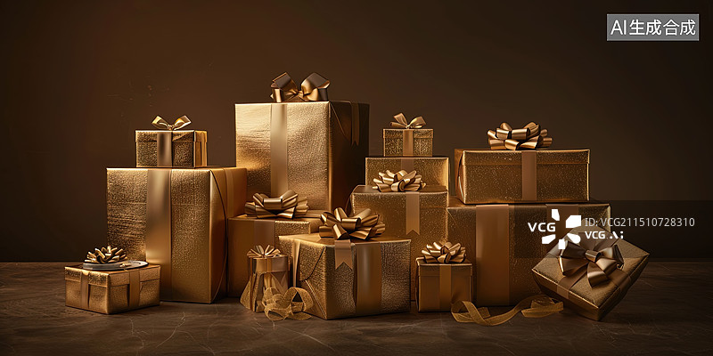 【AI数字艺术】节日里金色礼物盒子堆成礼物墙插图图片素材