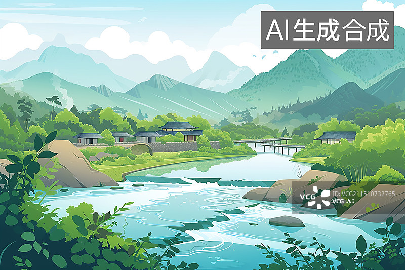 【AI数字艺术】矢量小清新扁平风 水利工程风景天空山水植物户外小桥流水插画图片素材