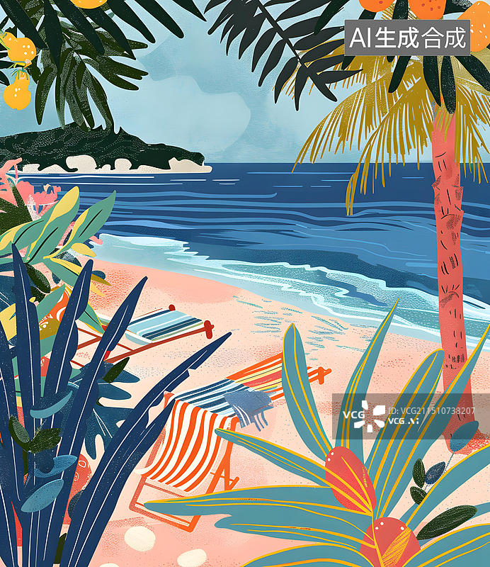【AI数字艺术】热带海滩棕榈树和躺椅插画图片素材