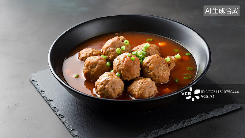 【AI数字艺术】黑色背景上放在盘子里的红烧狮子头，丸子，肉丸，牛肉丸，中国传统美食图片素材