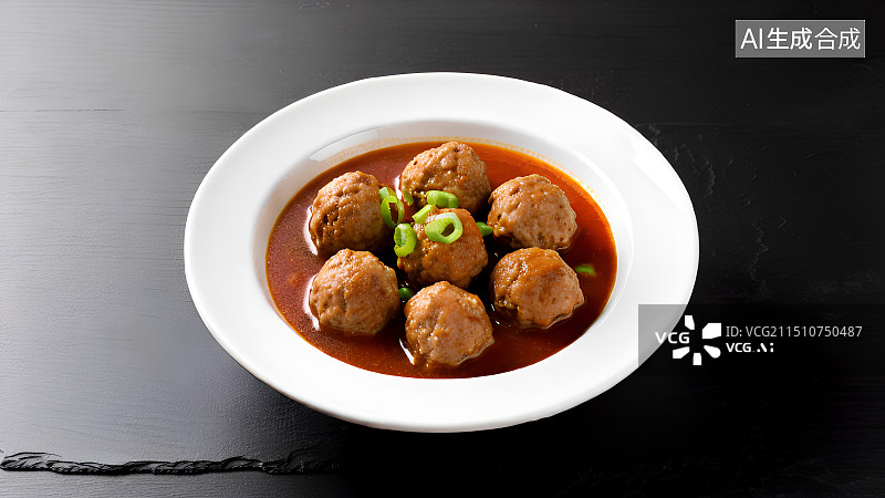 【AI数字艺术】黑色背景上放在盘子里的红烧狮子头，丸子，肉丸，牛肉丸，中国传统美食图片素材