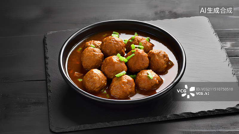 【AI数字艺术】黑色背景上放在盘子里的红烧狮子头，丸子，肉丸，牛肉丸，中国传统美食图片素材