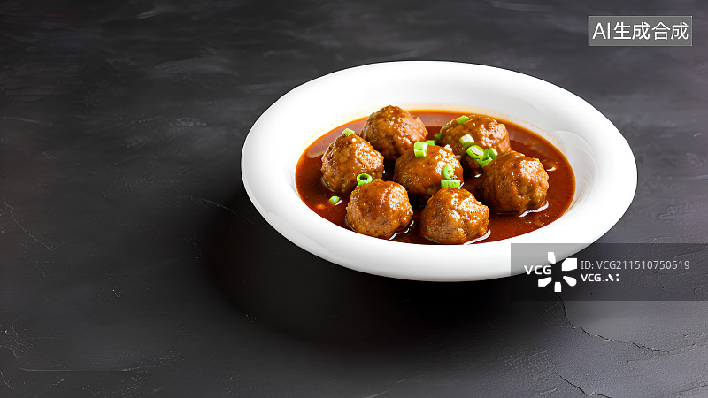 【AI数字艺术】黑色背景上放在盘子里的红烧狮子头，丸子，肉丸，牛肉丸，中国传统美食图片素材