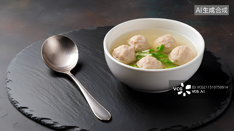 【AI数字艺术】黑色背景上一碗丸子汤，鱼丸，牛肉丸，清汤，中国传统美食图片素材