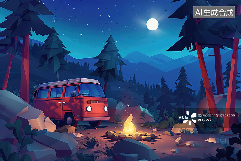 【AI数字艺术】郊外夜晚篝火旁的一辆旅行车——旅行露营概念图片素材