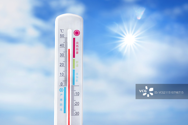 炎热天气下的温度计特写镜头图片素材