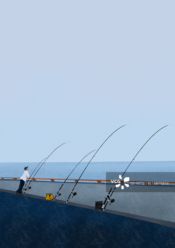 一个人在海边钓鱼风景插画图片素材