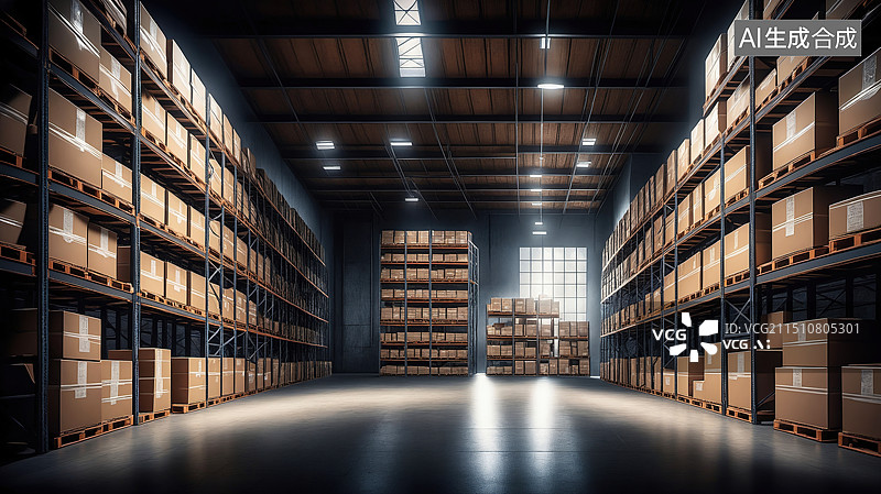 【AI数字艺术】大型仓库：空旷的纸箱世界图片素材