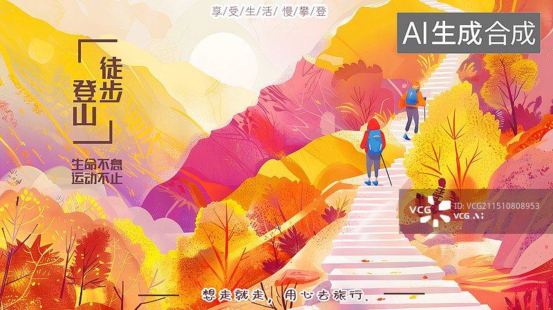 【AI数字艺术】AIGC：徒步登山，户外运动，秋季旅游，海报背景插图图片素材