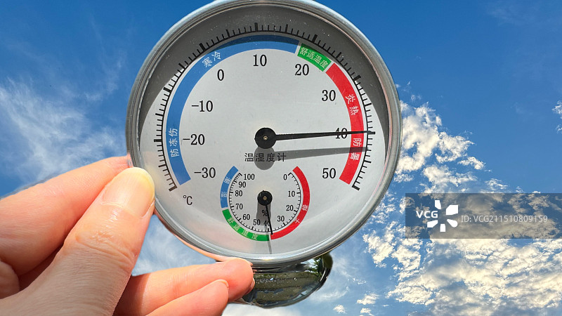 杭州夏季高温下温度计显示炎热防暑范围高温防暑图片素材