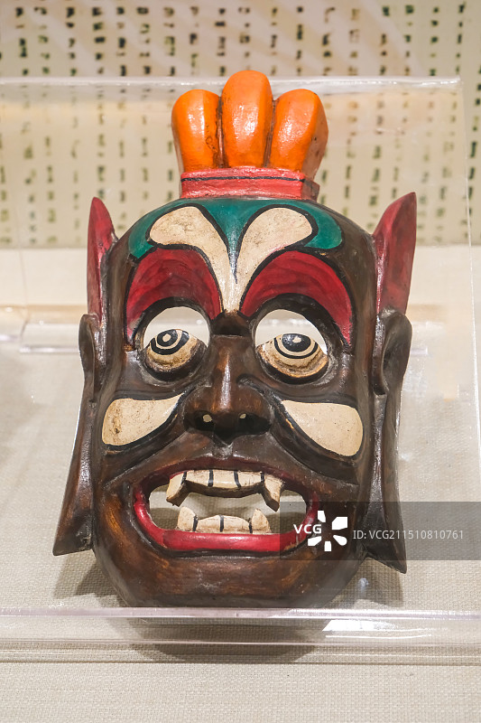 中国贵州傩戏，傩堂戏，傩戏面具，非物质文化遗产，贵州民族博物馆馆藏，傩堂戏面具，傩戏图片素材